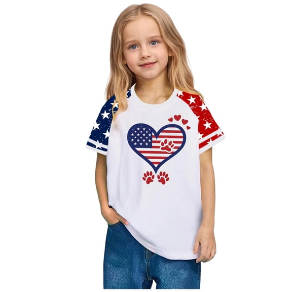 Freshbabe Kids T-Shirt, Regular Fit, Red White Blue, Crew Neck, Short Sleeve Raglan, Patriotic Flag Print, 4th of July Independence Day Casual Fashion Top for Boys and Girls