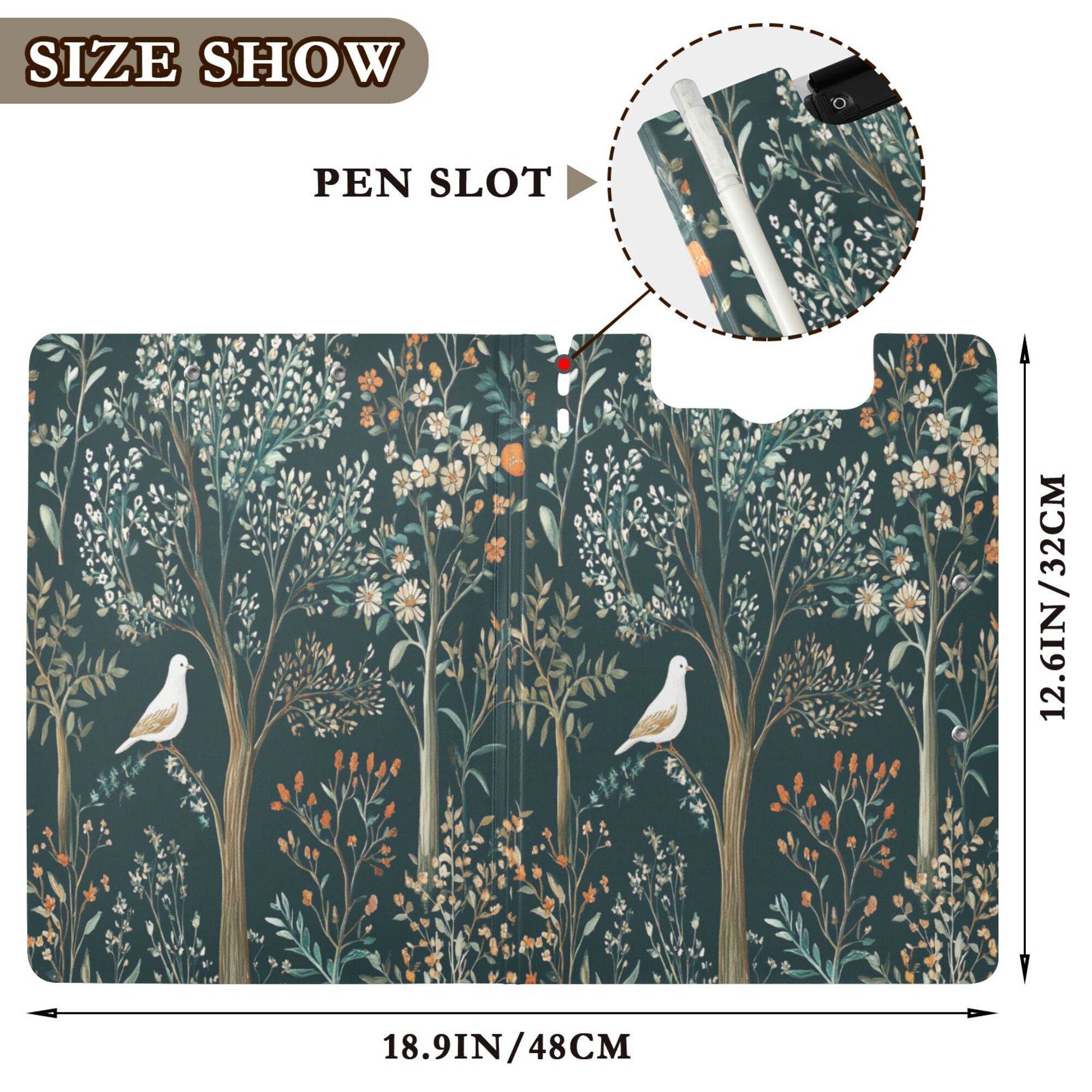 FORMRS A4 Clipboard Folder with Pen Holder Horizontal Foldable School Office Binder, Floral Forest Scene
