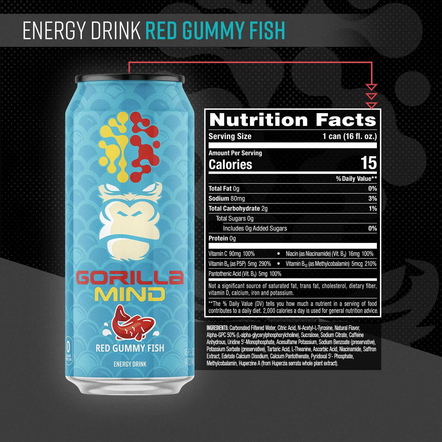 Gorilla Mind Energy Drink, No Sugar or Artificial Colors, Red Gummy Fish, 16 oz, 12 pack Cans