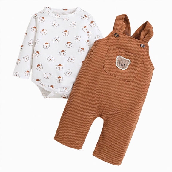 CAUYDY Baby Boys Coming Home Outfit Infant Boy Long Sleeve Romper Set Toddler Fall Winter Bodysuit Newborn Clothes 0 3 6 9 Months 1T 2T Sizes 12-18 Months,Coffee
