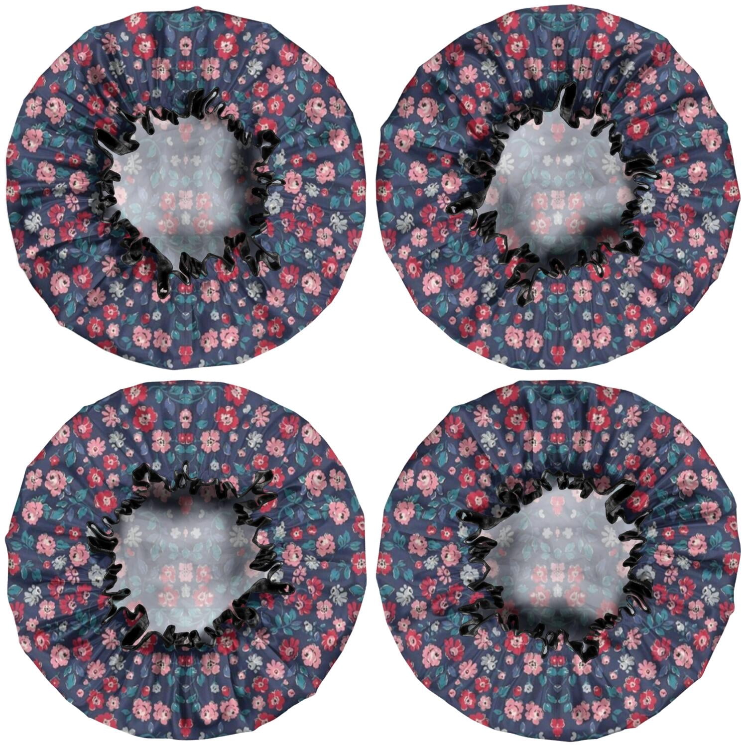 Shower Caps,Pioneer Flower Floral Print Pattern Waterproof Shower Cap for Women 4 Pieces,Double Reusable Hair Cover for Shower PEVA Elastic Stretch Hem