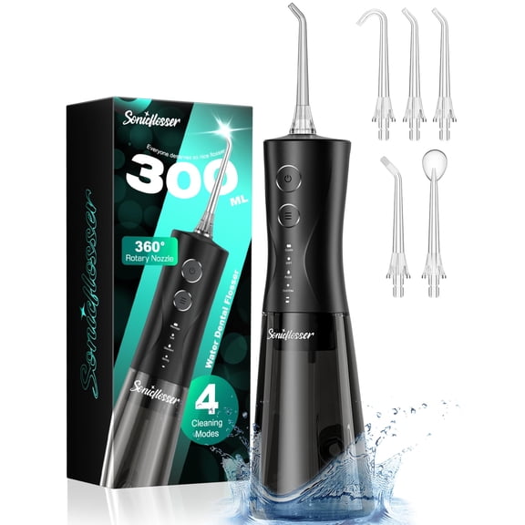 Portable Water Flosser for Teeth Pick - Cordless Electric Oral Irrigator for Adults & Sensitive Gums 300ML Braces Cleaning 5 Jet Tips, IPX7 Waterproof for Travel, Rechargeable BPA-Free 4 Modes