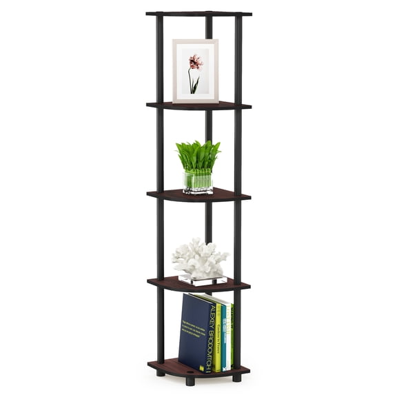 Furinno Turn-N-Tube Toolless Assembly Corner Shelf, 5-Tier Brown Corner Bookshelf, Open Storage Shelves, for Organization and Storage, Living Room, Home Office, Bedroom, Cherry Oak