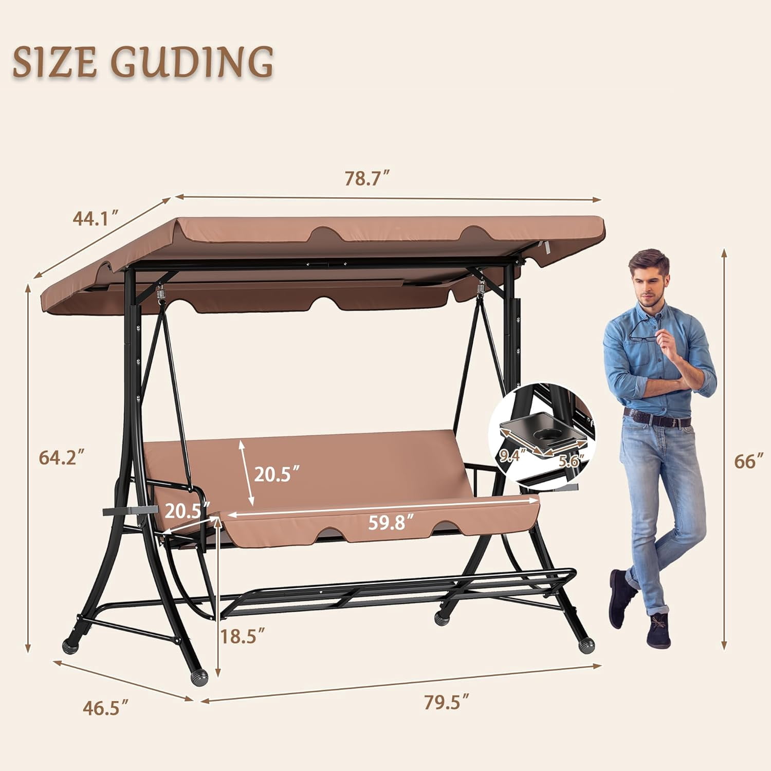LAZZO 3-Seat Outdoor Porch Swing, Reclining Lounge Bed Convertible, Adjustable Canopy & Removable Cushions, Brown