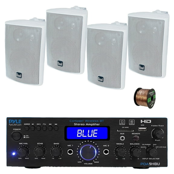 Pyle PDA9HBU 2-Channel Home Theater Bluetooth HiFI Audio Optical/HDMI/USB/SD FM Radio Receiver, 4x 4" 200 Watt Max 3-Way Indoor/Outdoor Wall Mount Audio Speakers (White), 50 ft 16 Gauge Speaker Wire