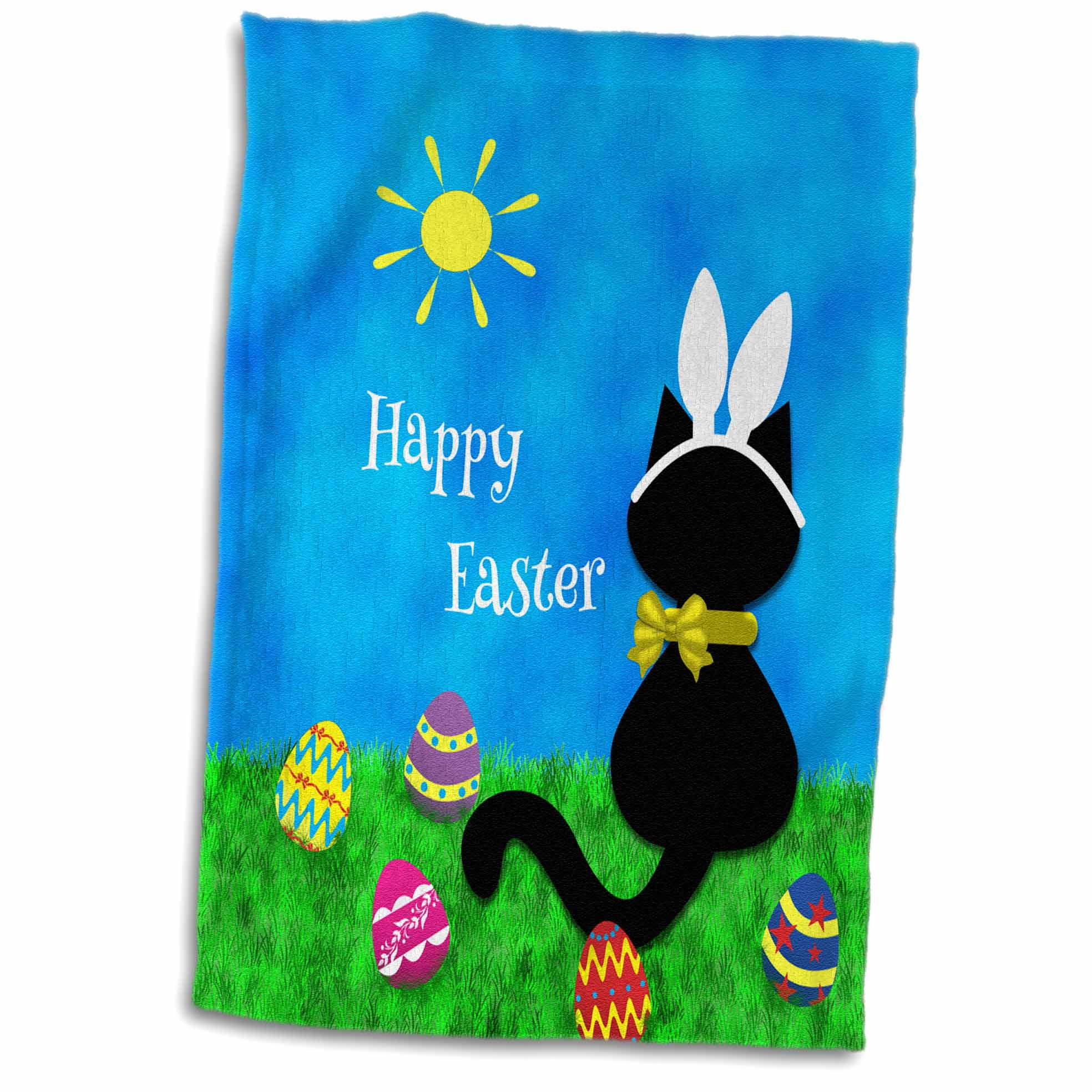 3dRose Cute Black Cat Happy Easter Towel, 15 by 22inch