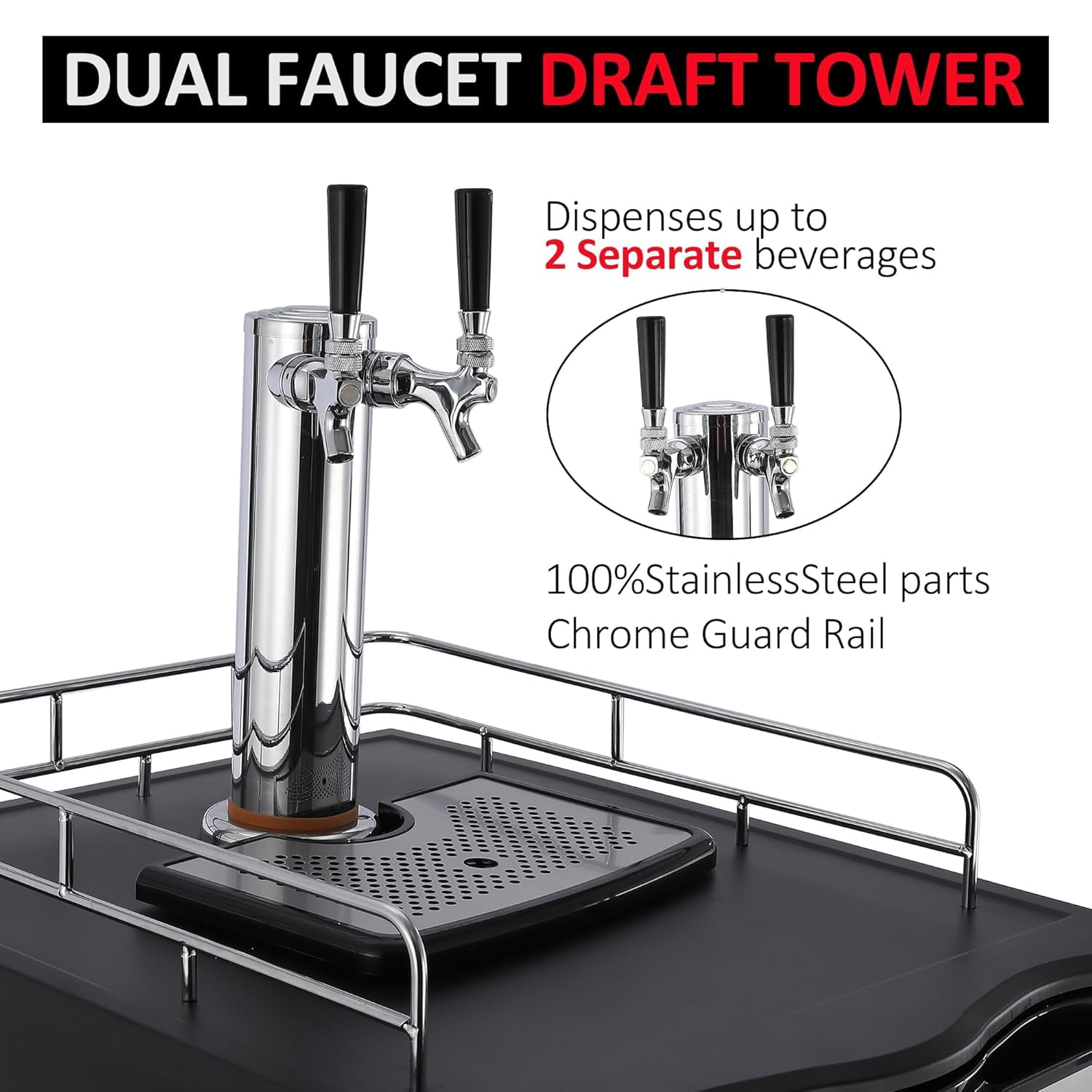 M optimized Beer Kegerator, Dual Tap Draft Beer Dispenser, Full Size Stainless Steel Keg Refrigerator with Drip Tray & Rail, 32°F- 50°F Temperature Control, 170L