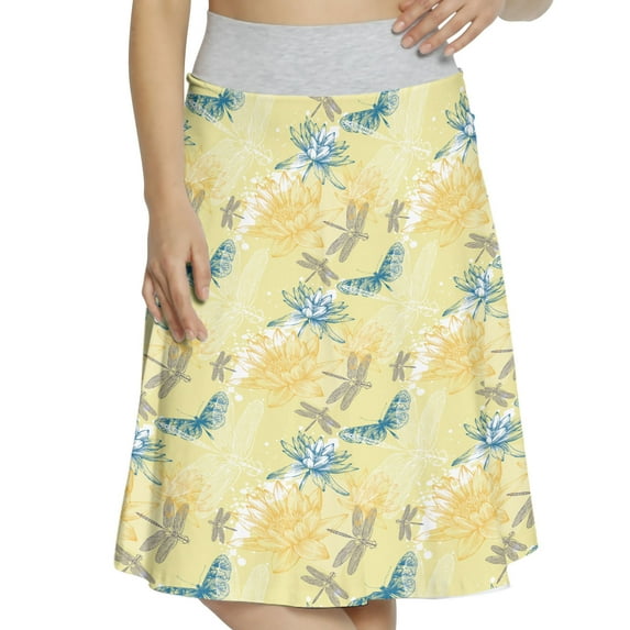 Women's Dragonfly Boho Style Plants Art A-line Printed Skirt Casual Wear, M, Petrol Blue Yellow, by Ambesonne