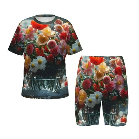 Luyuia Vibrant Bouquet Waterfall Print Girls  2-Piece Tie-Dye Pajama Set  Cute Summer Loungewear with Shirt and Tank Shorts Nightwear-Large