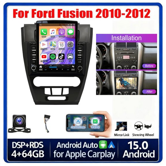 Zcargel Android 14 Car Stereo Radio with 4 64G 9.7inch 2-DIN, CarPlay, Android Auto, GPS Navigation, WiFi, Bluetooth, Mirror Link, Split Screen, AHD Camera & Mic for Ford Fusion 2010-2012