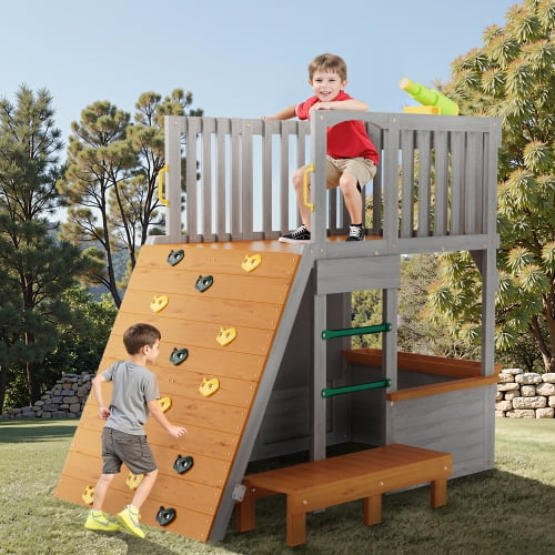 Bambloom Kids Playhouse Outdoor,Wooden Play House Play set for Kids– Large, Sturdy, Realistic Design with lookout post,telescope and climb ramp– Perfect for 3-6 Children