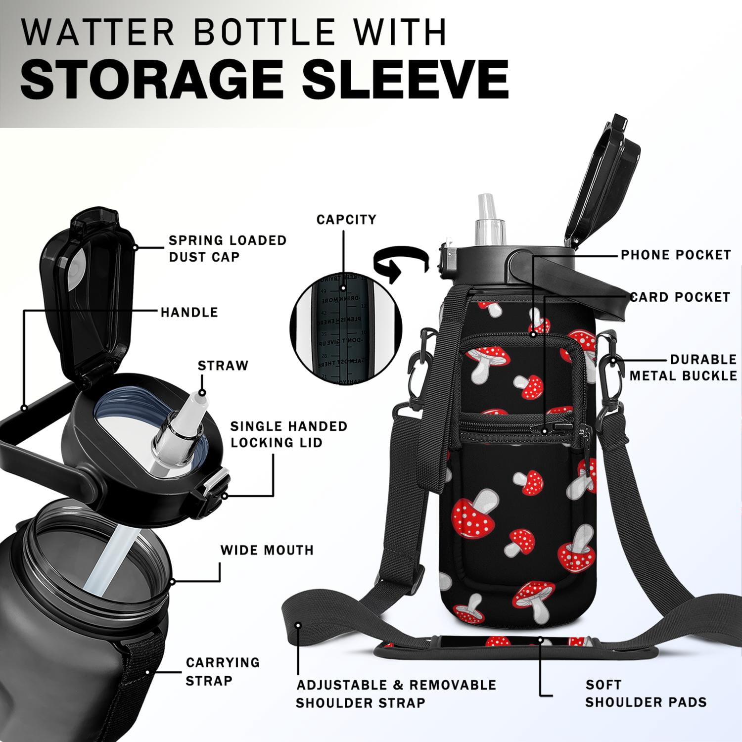 Mushroom 64 Oz Water Bottle with Measurements - BPA Free Leakproof Sport Large Plastic Water Bottle with Straw & Time Marker & Insulated Neoprene Holder Carrier Bag Great Gift for Women Men