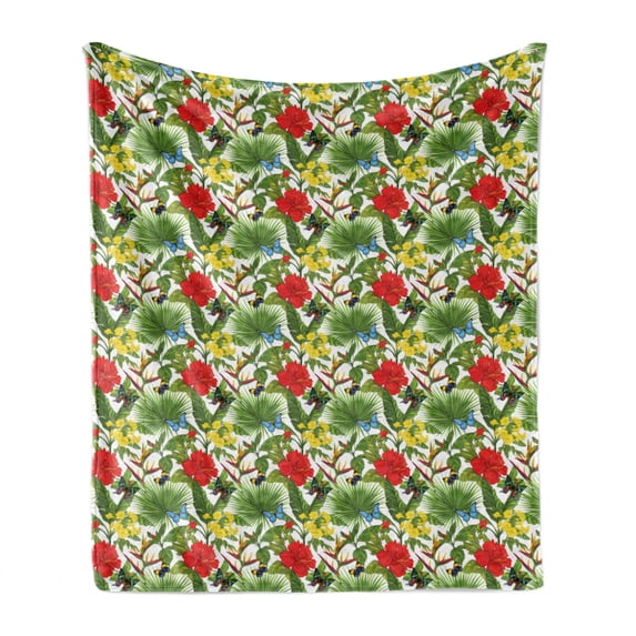 Exotic Soft Flannel Fleece Throw Blanket, Colorful Butterflies Hibiscus Flower Strelitzia Palm Leaves Pattern, Cozy Plush for Indoor and Outdoor Use, 50" x 60", Olive Green Multicolor, by Ambesonne