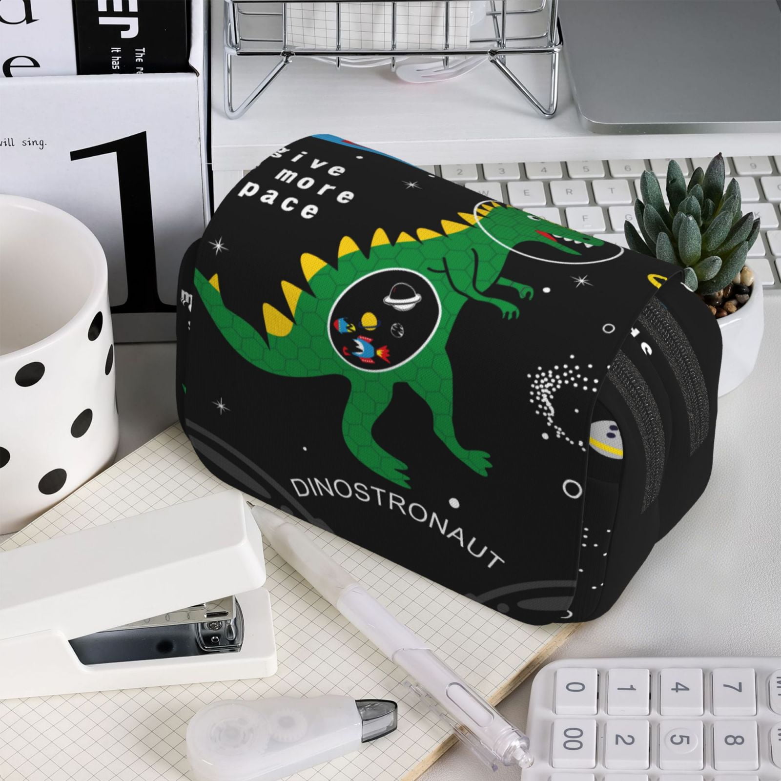 Rateoe Space Dino Cartoon Black Pattern Double Clamshell Pen Case, Storage Organizer with Two Zipper Compartments– Holds Up to 50 Pencils & Pens