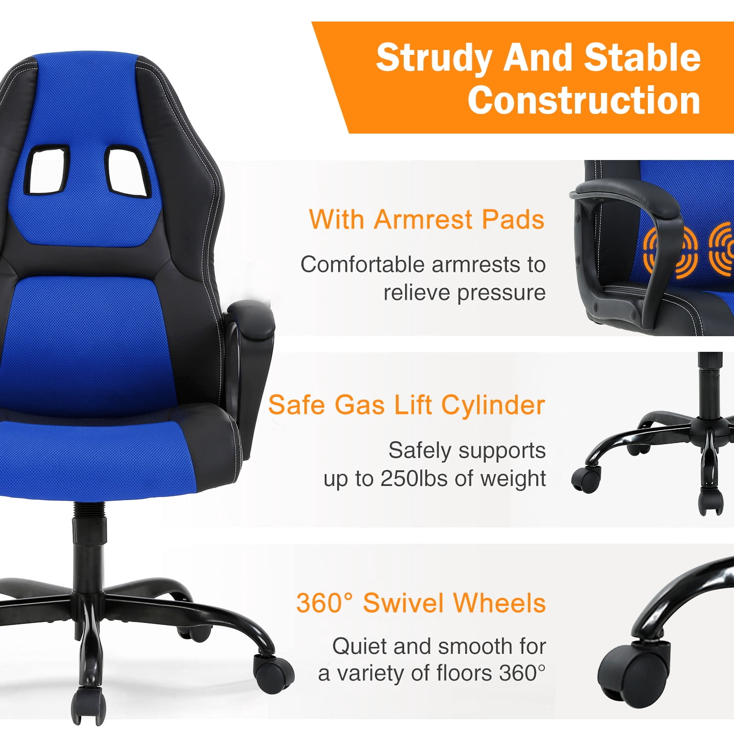 Massage Gaming Chair, High Back Office Chair Adjustable Gamer Chair Ergonomic Computer Chair with Lumbar Support Task Rolling Swivel Chair Game Chair for Adult &Teen(Blue)