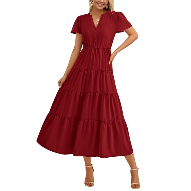 Vestido PRETTYGARDEN para mujer, midi, cuello en V, cuello en V, volantes y bolsillos