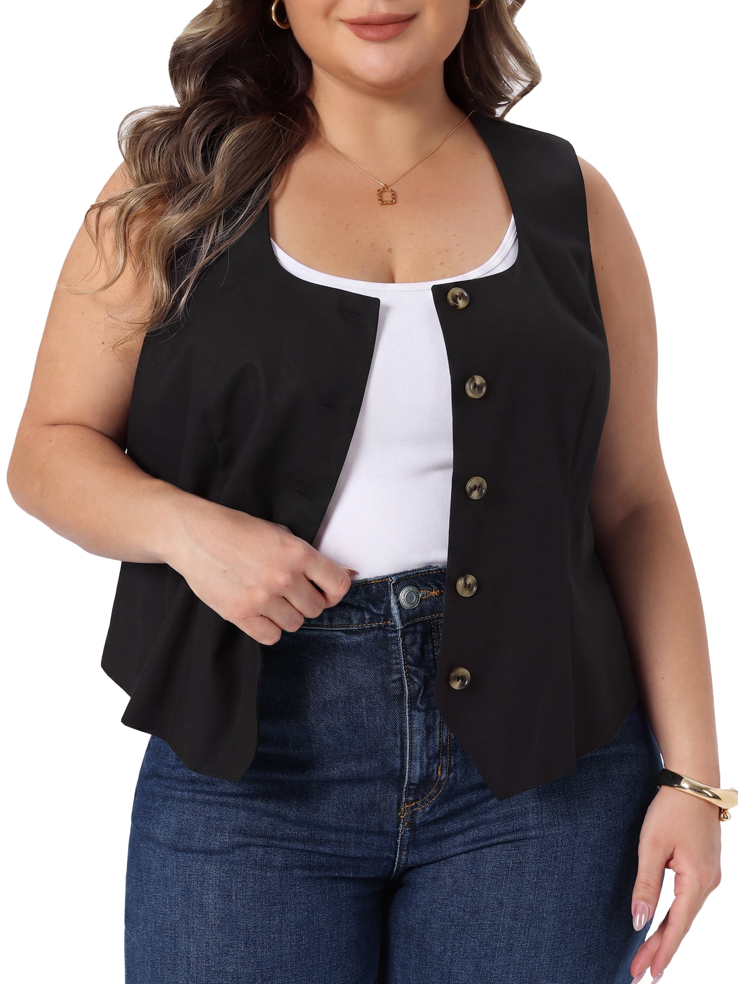 DARING DIVA Women's Plus Linen Vest Sleeveless Lined Waistcoat Top 4X Black