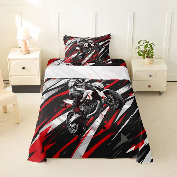 Manfei Speed Motocross Twin Sheets,Speed Games Bedding,Red White,3pcs,1 Fitted Sheet and 1 Pillowcase