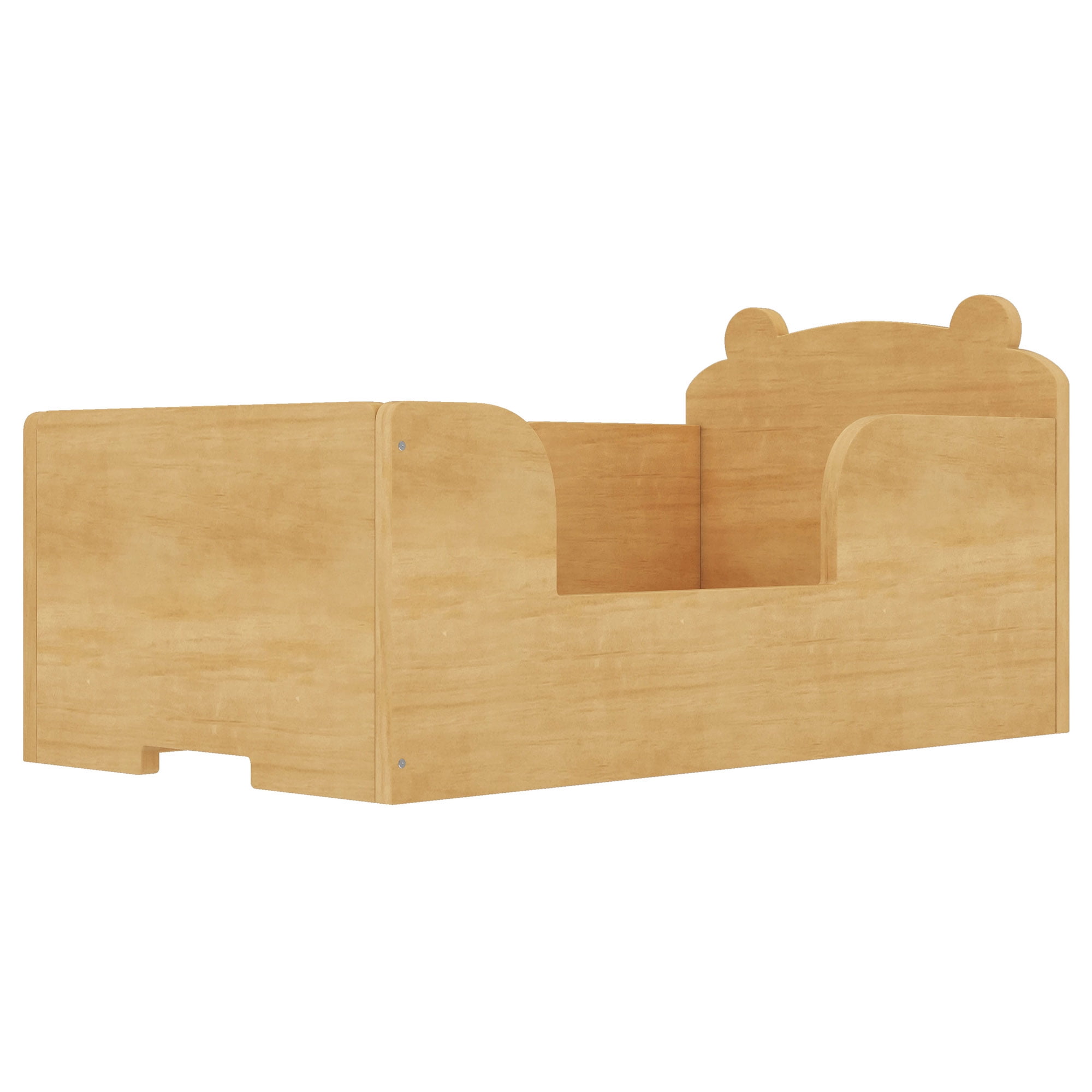 Aukfa Toddler Bed, Floor Bed Frame with Safely Rail and Bear Shape Headbroad for Kids Ages 2-6, Natural