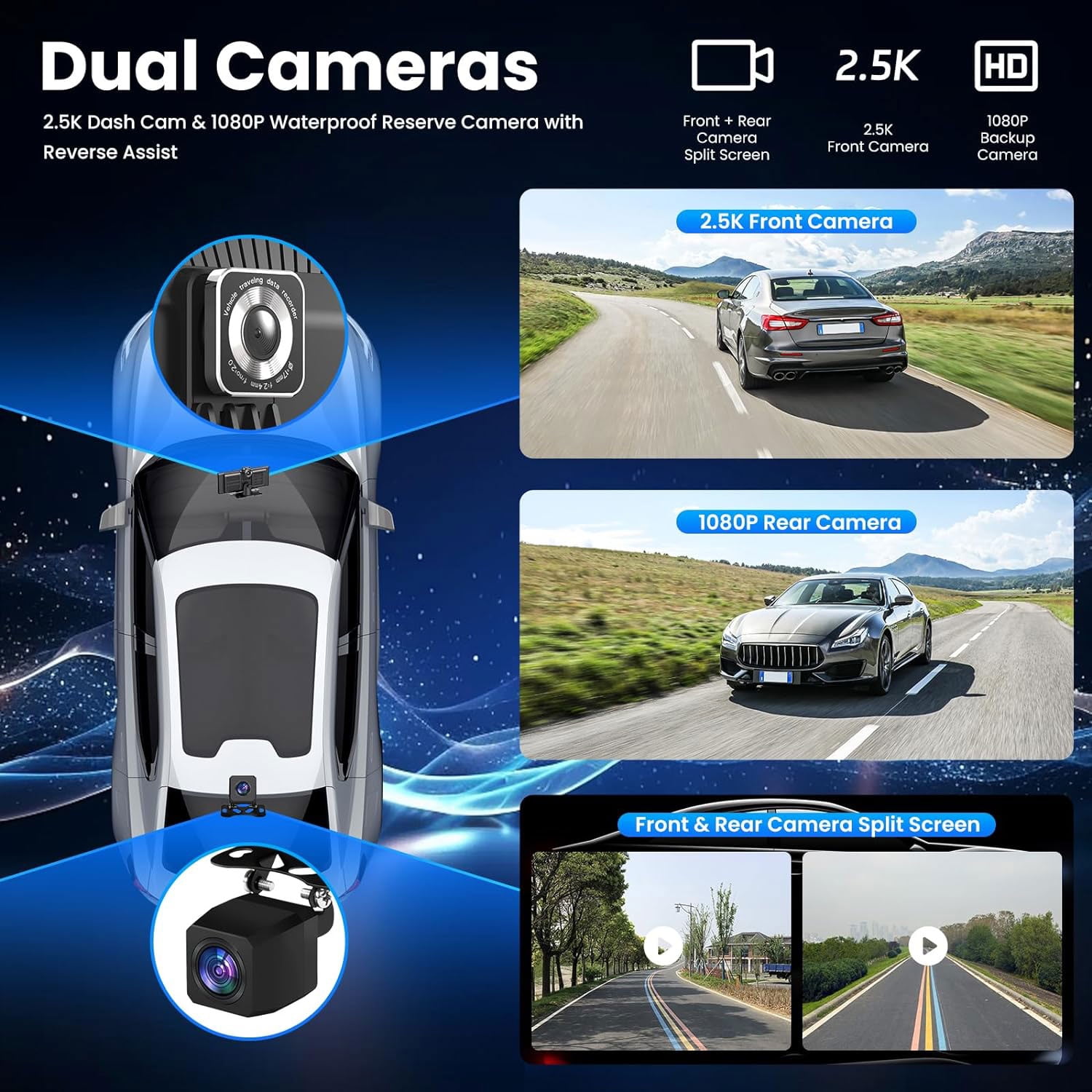 Portable Car Stereo, Wireless 9 Inch Touch Screen Apple Carplay & Android Auto with 2.5K Dash Cam, 1080P Rear Camera, Car Audio Receiver/FM/Bluetooth