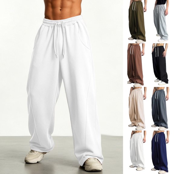 Smsaxvxz Sweatpants for Men Lightweight Elastic Waist Drawstring Jogger Pants Casual Loose Straight Leg Trousers with Pockets White XL