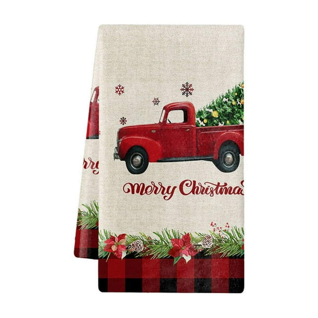 DJN jusqu'à 30 % de Réduction Serviette de Cuisine de Noël et Torchons Joyeux Noël Arbre Serviettes de Cuisine Carreaux Rouges Camion Torchons de Vacances Cadeaux de Pendaison de Crémaillère pour Nouvelles Décorations de Salle de Bain Coton H Taille Unique