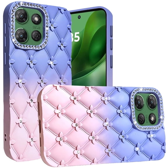 For Motorola Moto G 5G 2025 XT2513V Floral Joy Glitter Leather Feel Cover Cell Phone Case   Tempered Glass - Blue Pink