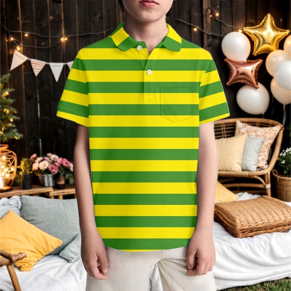 Polo Shirts for Boys Short Sleeve Turn Down Collar Striped Print with Pocket Summer Comfortable Loose Fit Stylish Kids Polos Size 3-4Y