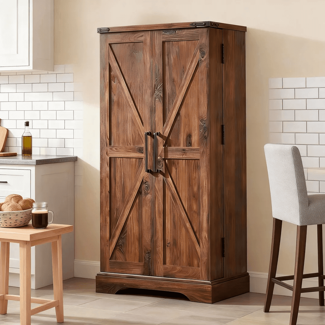 ACCOHOHO 47" Kitchen Pantry Cabinet, Farmhouse Storage Cabinet with Adjustable Shelves for Kitchen, Dining Room, Bathroom - Brown