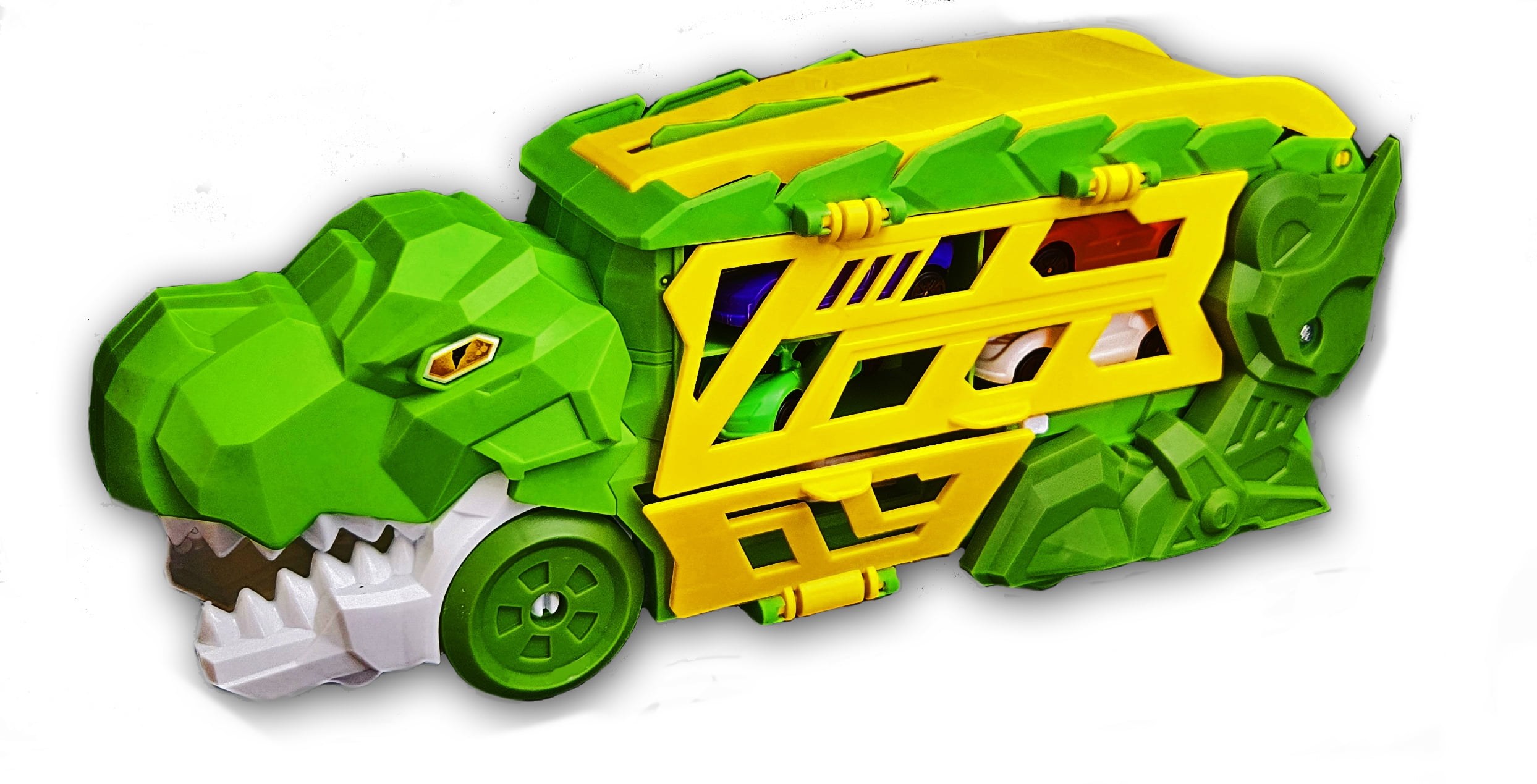 Dinosaur Transporter Truck Toy Combo – Set of 2 (Blue & Green) with 8 Die-Cast Cars – Dino Launcher & Slide-Out Track – Race Playset for Kids Ages 3+