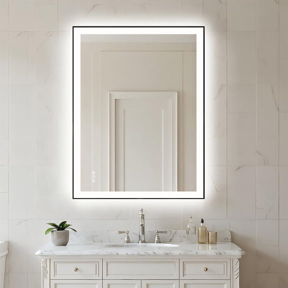 Demi Bonn 32x24 Inch LED Bathroom Mirror, Black Frame, Unbreakable Tempered Glass, Anti-Desilvering, 50,000-Hour LED, Ultra-Bright Lighting, Touch Control, Defogging, 1" Aluminum Frame