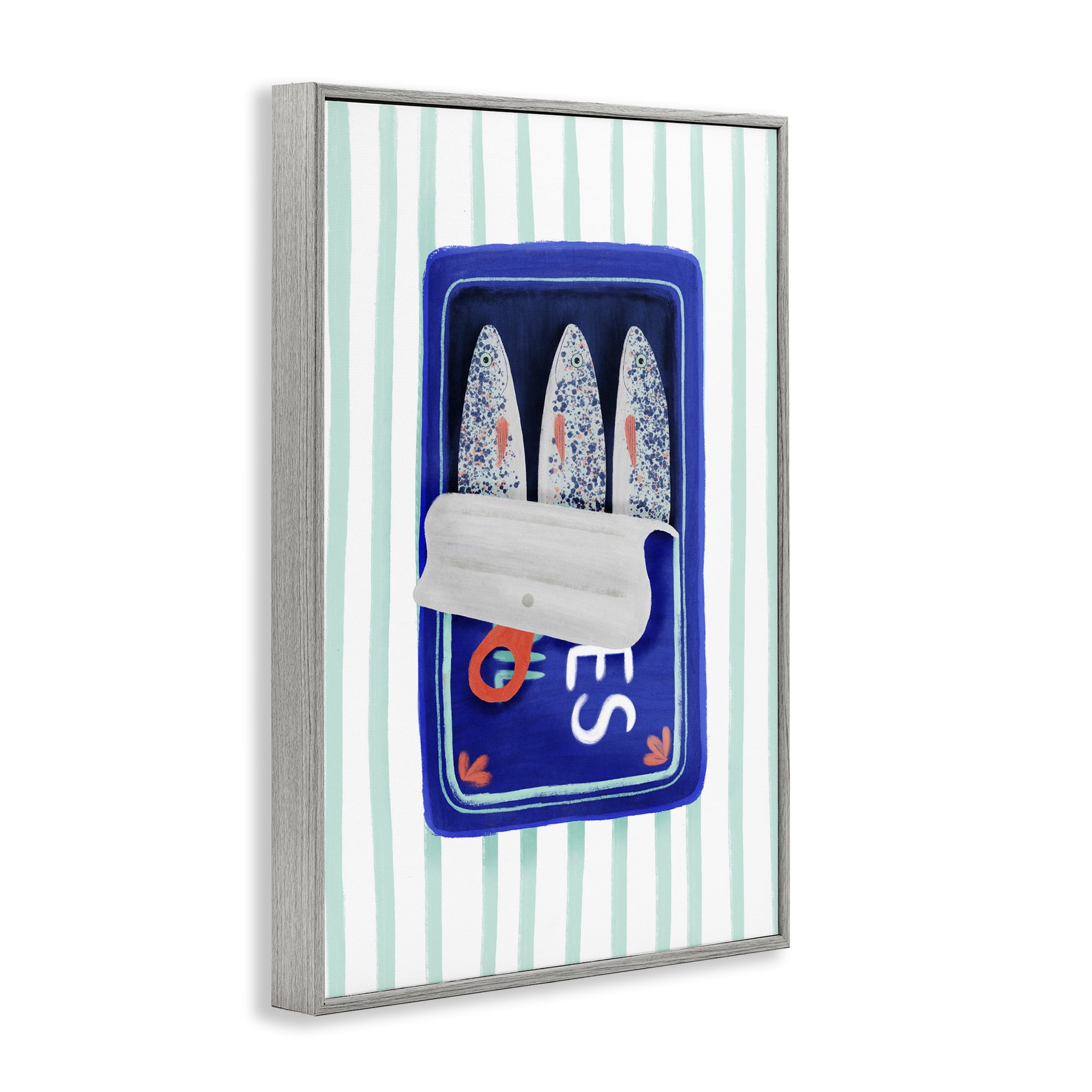 Stupell Industries Blue Sardines on Stripes Gray Framed Giclee Art, design by Metka Hiti