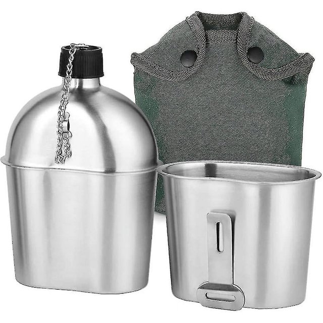 Kit de cantimplora militar, 2 uds., 1000ml, 600ml, juego de tazas de cantimplora militar de acero inoxidable con bolsa protectora para acampar al aire libre, senderismo y mochilero