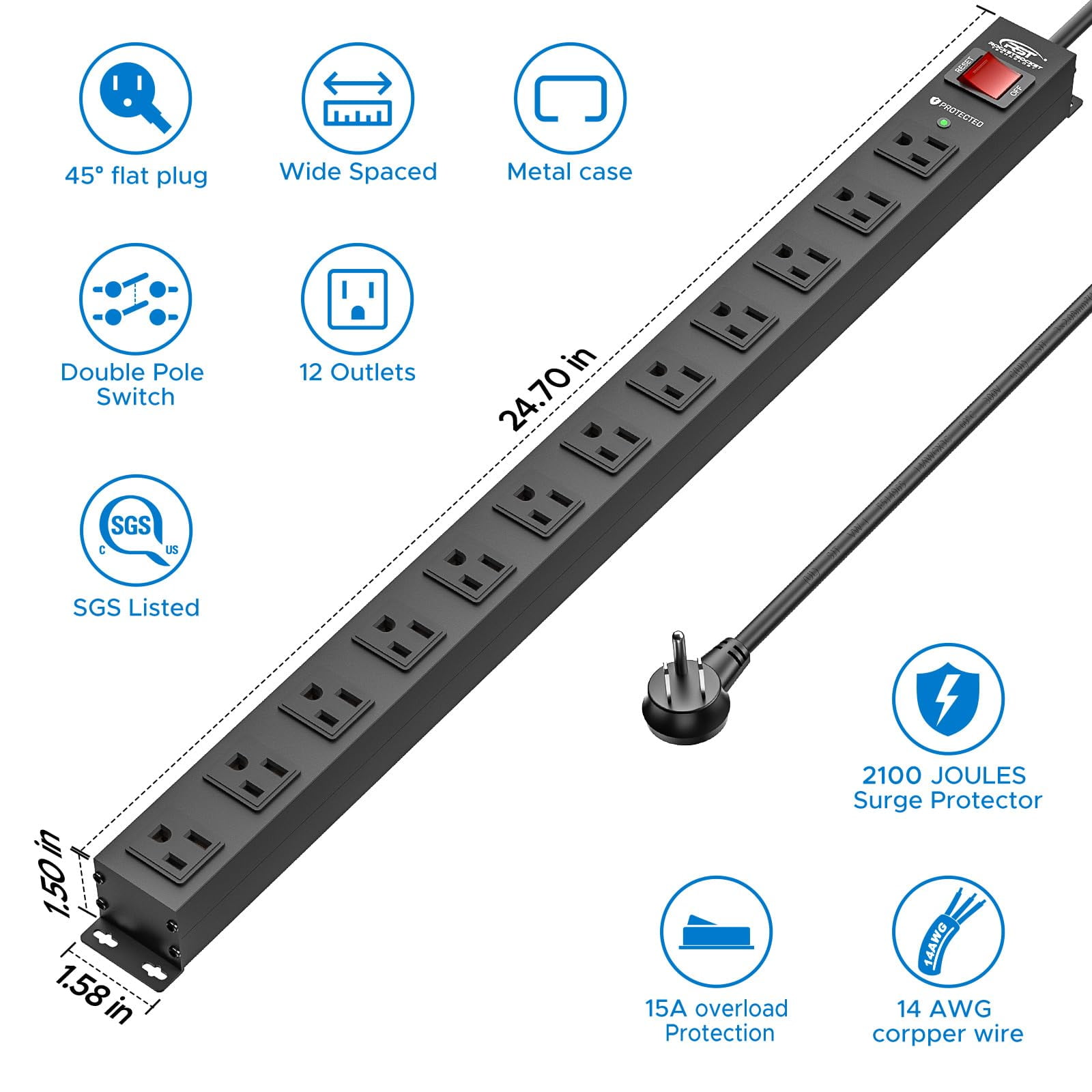 CRST 12-Outlet Slim Wall Mount Long Power Strip Surge Protector with Flat Plug Heavy Duty Mountable Power Bar 6ft 14AWG Extension Cord for Industrial, Garage, Shop and Home
