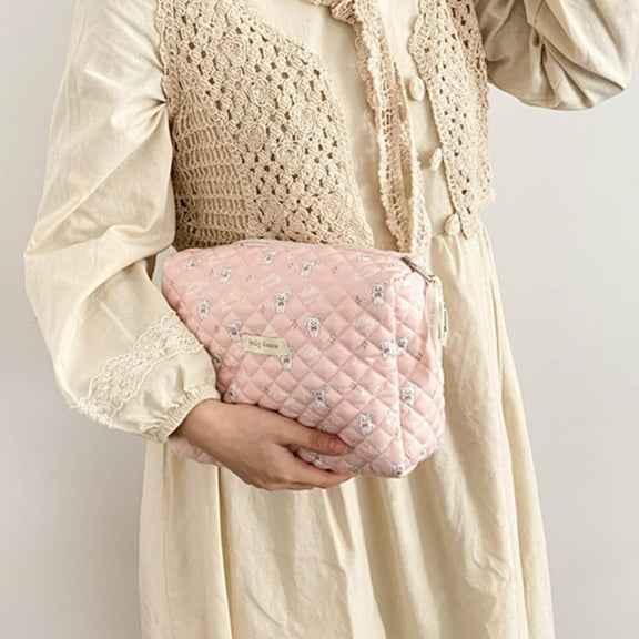 Openpig Cotton Makeup Bag Large Travel Cosmetic Bag Quilted Cosmetic Pouch Coquette Aesthetic Floral Toiletry Bag