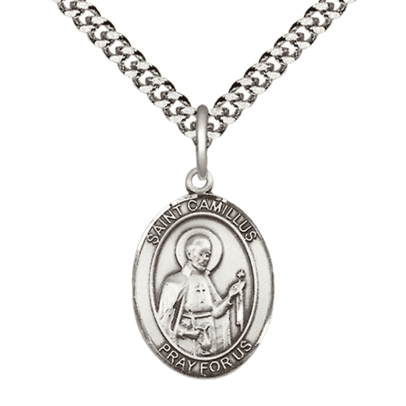 Mens Sterling Silver Saint Camillus of Lellis Medal Pendant on 24" Rhodium Plated Heavy Curb Brass Chain w/ Lobster Claw Clasp, Catholic Religious Necklace -Made in USA- Velvet Gift Box