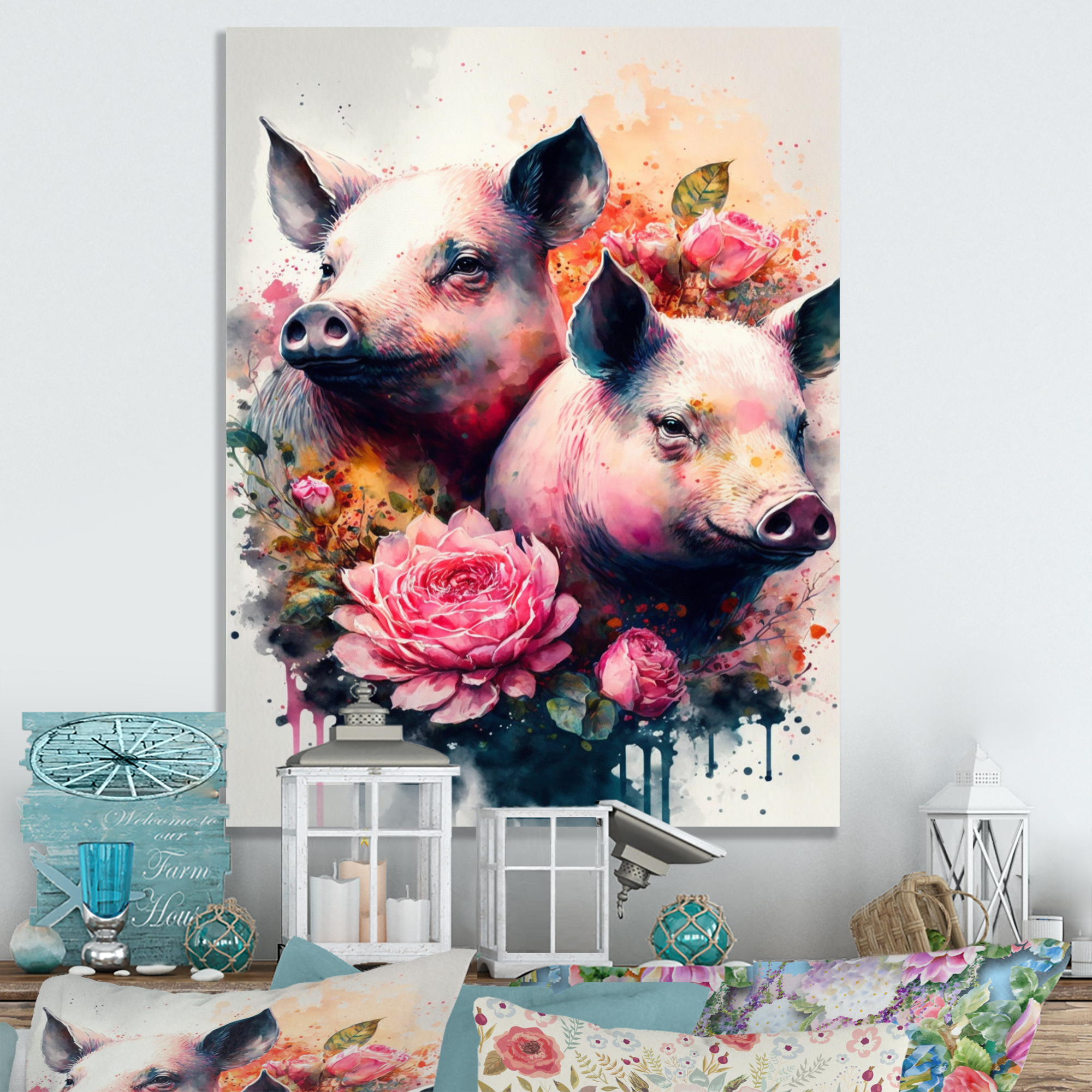 Designart Cute Pigs Floral Art Canvas Wall Art