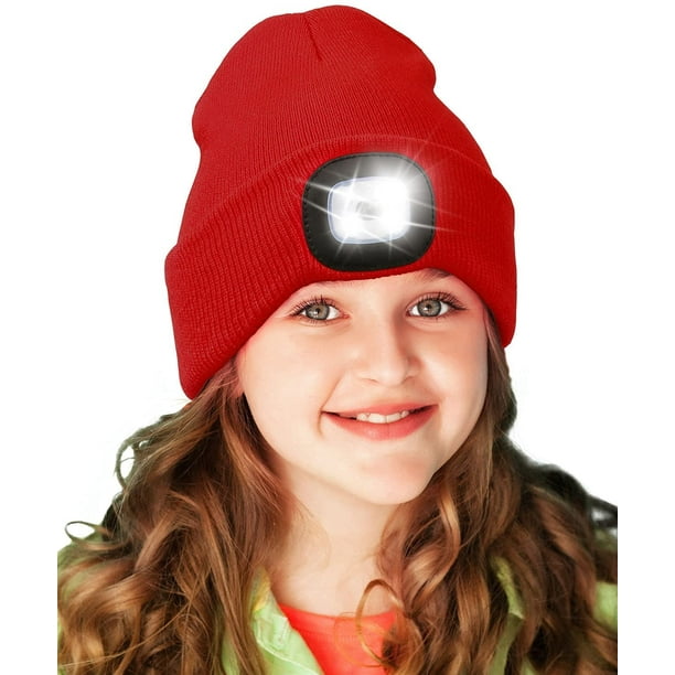 Gorro Sinhoon con luz para niños, unisex, recargable por USB, manos libres, 4 LED, gorro de invierno de punto con luz nocturna, linterna, regalo para niños y niñas (rojo)