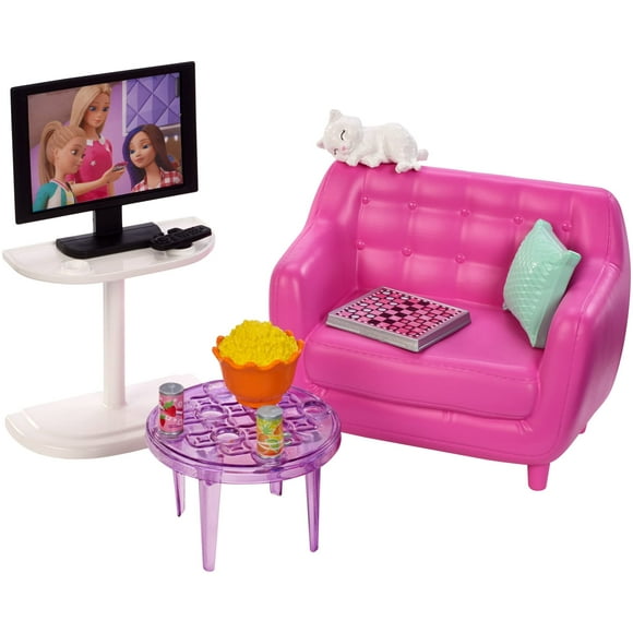 ​Barbie Indoor Furniture Playset, Living Room Includes Kitten, Furniture and Accessories for Movie and Game Night