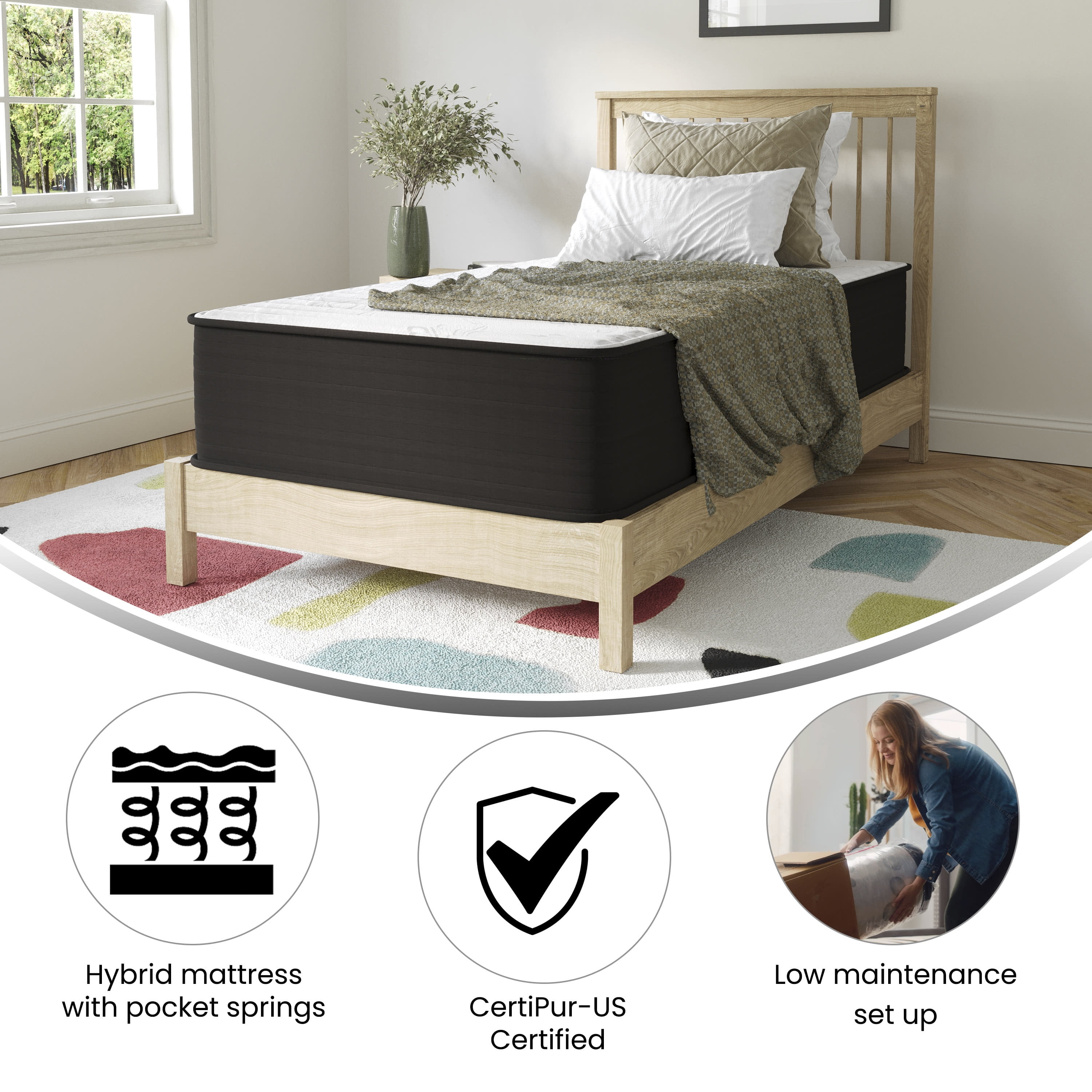 BizChair 12 Inch Hybrid Mattress, Twin Size High Density Foam and Pocket Spring Mattress in a Box, CertiPur-US Certified Foam, White/Black