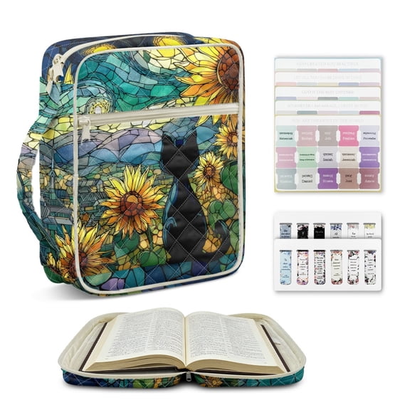 ZUXONGSY Starry Night Sunflower Cat Print Women's Large Bible Cover with Handles - Quilted Stained Glass Carrying Case for Bible Study Supplies & Accessories, Thoughtful Christian Gift