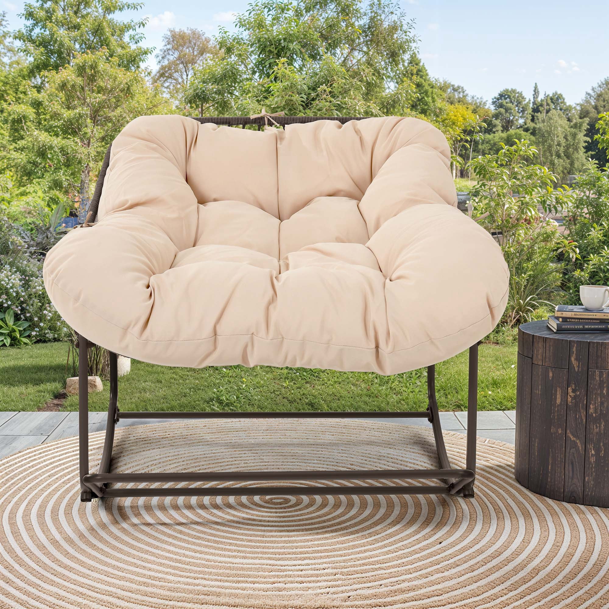 Uforic Outdoor Patio Papasan Rocking Chair with Thick Cushion,Oversized Rocking Chair - Beige