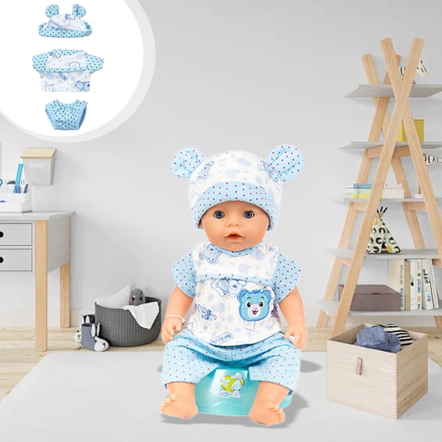 juguetes de piscina, juguetes para bebés, juguetes para niños pequeños, ropa para muñecas reborn de 30 cm, ropa para muñecas sharf, ropa de simulación para muñecas, juguete de regalo, rompecabezas, ca conjunto azul para muñeca reborn de 30 cm, vista frontal de ropa de simulación con gorro con orejas, camiseta corta y pantalones cortos con estampado de osito y lunares, material elástico visible; muñeca sentada sobre un orinal plástico en cuarto infantil, ideal para juegos de vestir y como regalo para niñas de 3 años en adelante.