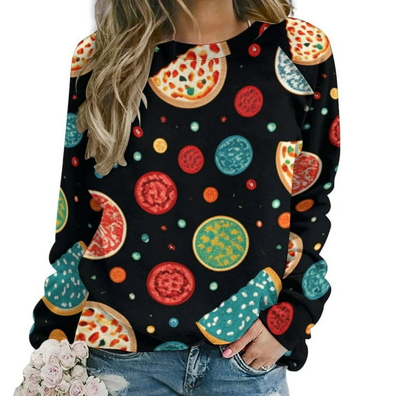 Fun Pizza Womens Casual Crewneck Sweatshirt Long Sleeve Tops Cute Pullover Loose Fit