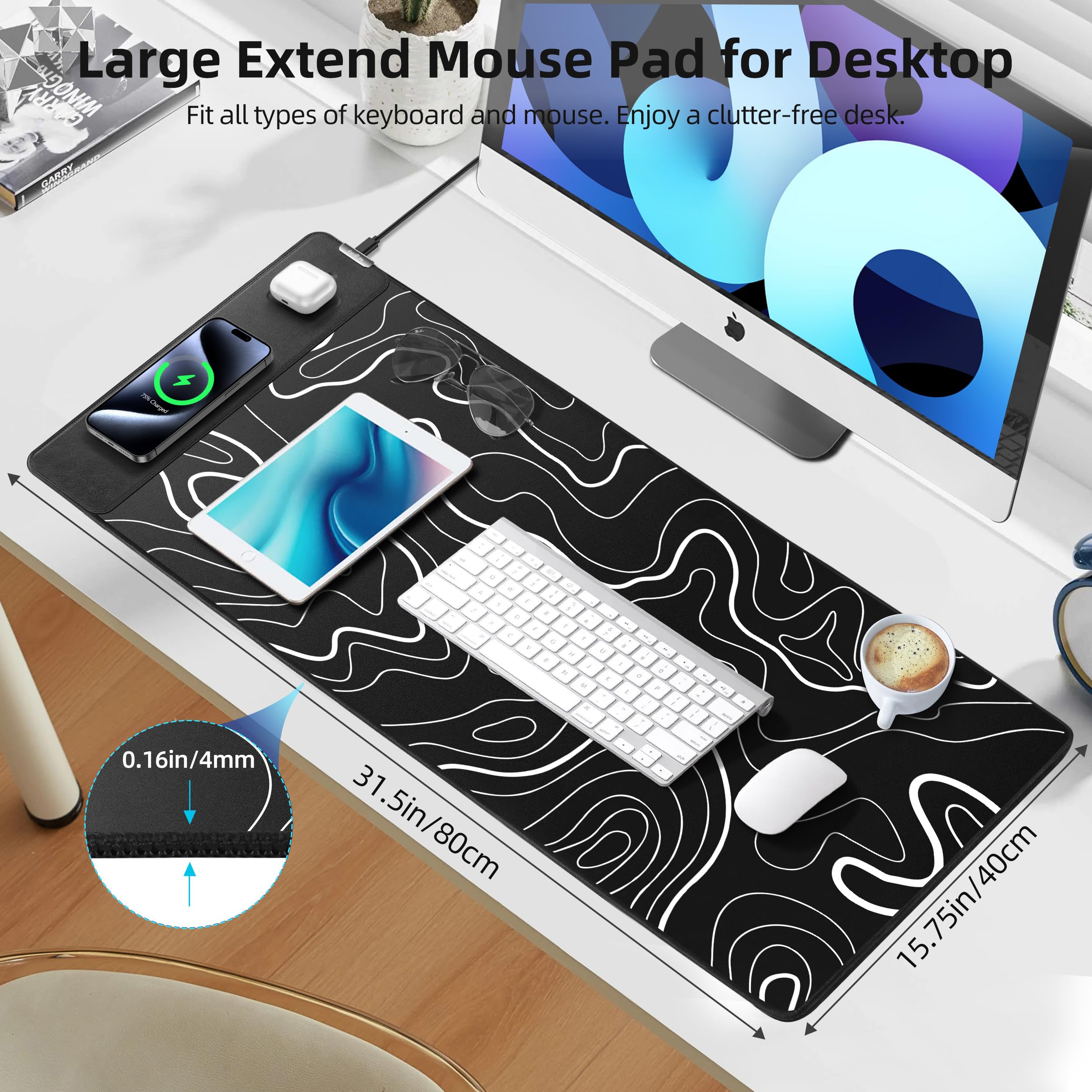 Extrelife RGB Gaming Mouse Pad with Magnetic Wireless Charger, Large Mouse Mat with 15W Fast Charging for Home, Office, School
