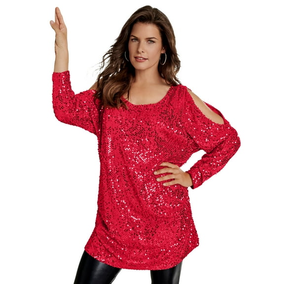 Roaman's Women's Plus Size Cold-Shoulder Sequin Tunic