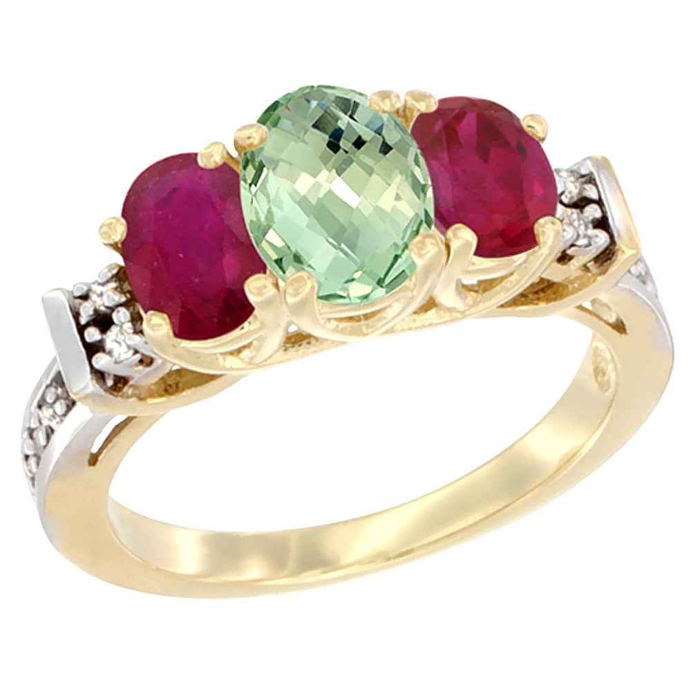 10K Yellow Gold Natural Green Amethyst & Enhanced Ruby Ring 3-Stone Oval Diamond Accent by WorldJewels