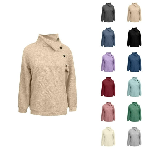 Turtleneck Sweatshirts for Women 2025 Fall Winter Long Sleeve Button Casual Plain Sweatshirt Pullover Tops