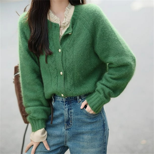 Suéter verde cárdigan para mujer, primavera y otoño 2024, nuevo estilo, top de punto pequeño holgado a la moda, estilo perezoso