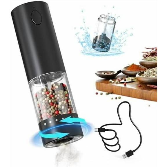 Electric Salt and Pepper Grinder Set Rechargeable Salt and Pepper Mills with 6-Level External Adjustable Coarseness, White LED Light and Storage Base, Black